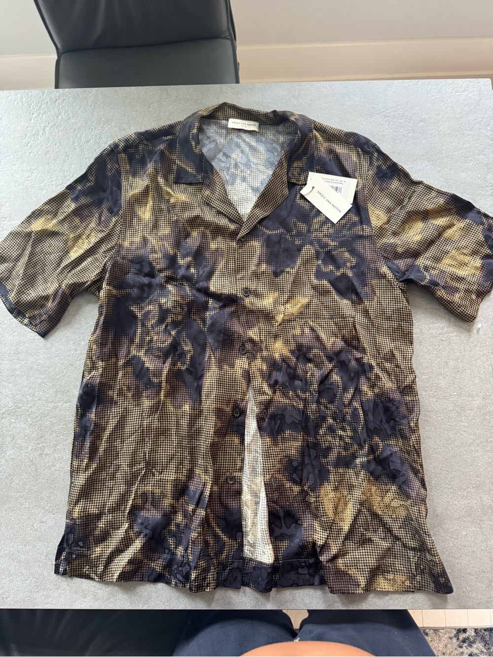 Dries Van Noten Navy & Tan Short-Sleeve Button-Down Shirt